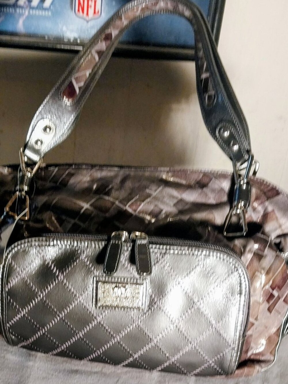 Original By Sharif Shoulder Bag Large Gray Fabric And Leather Organizer W/Charm